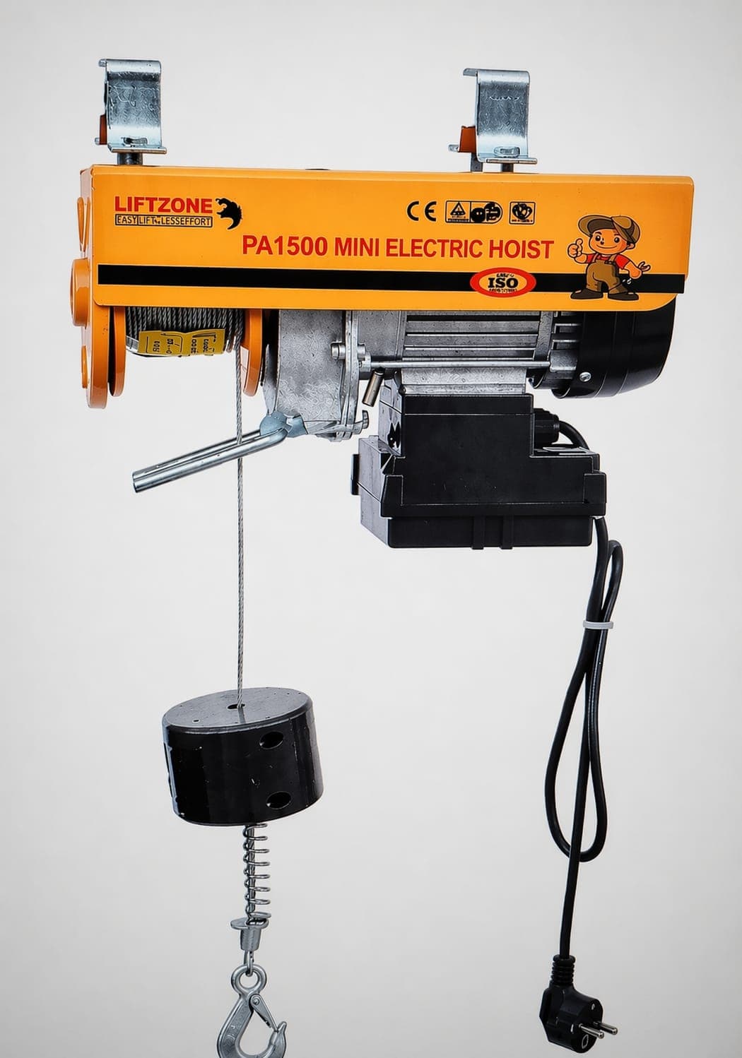 Electric Mini Hoist Pa-1500 - Steel Cable, Compact Size, Yellow and Black | 1500kg Capacity, Remote Control, Thermal Protection, Copper Motor