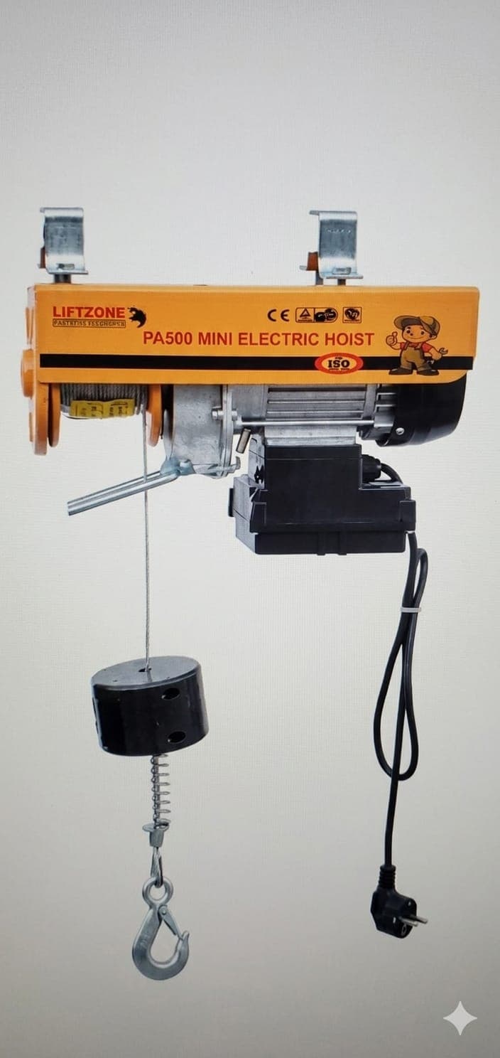 Electric Mini Hoist Pa-500 - Steel Cable, Yellow & Black, 500kg Capacity | Copper Motor, Remote Control, Thermal Protection, Safety Hook